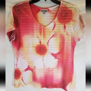 JM Collection Pink And Yellow Floral Ribbed Short Sleeve Shirt Sz L